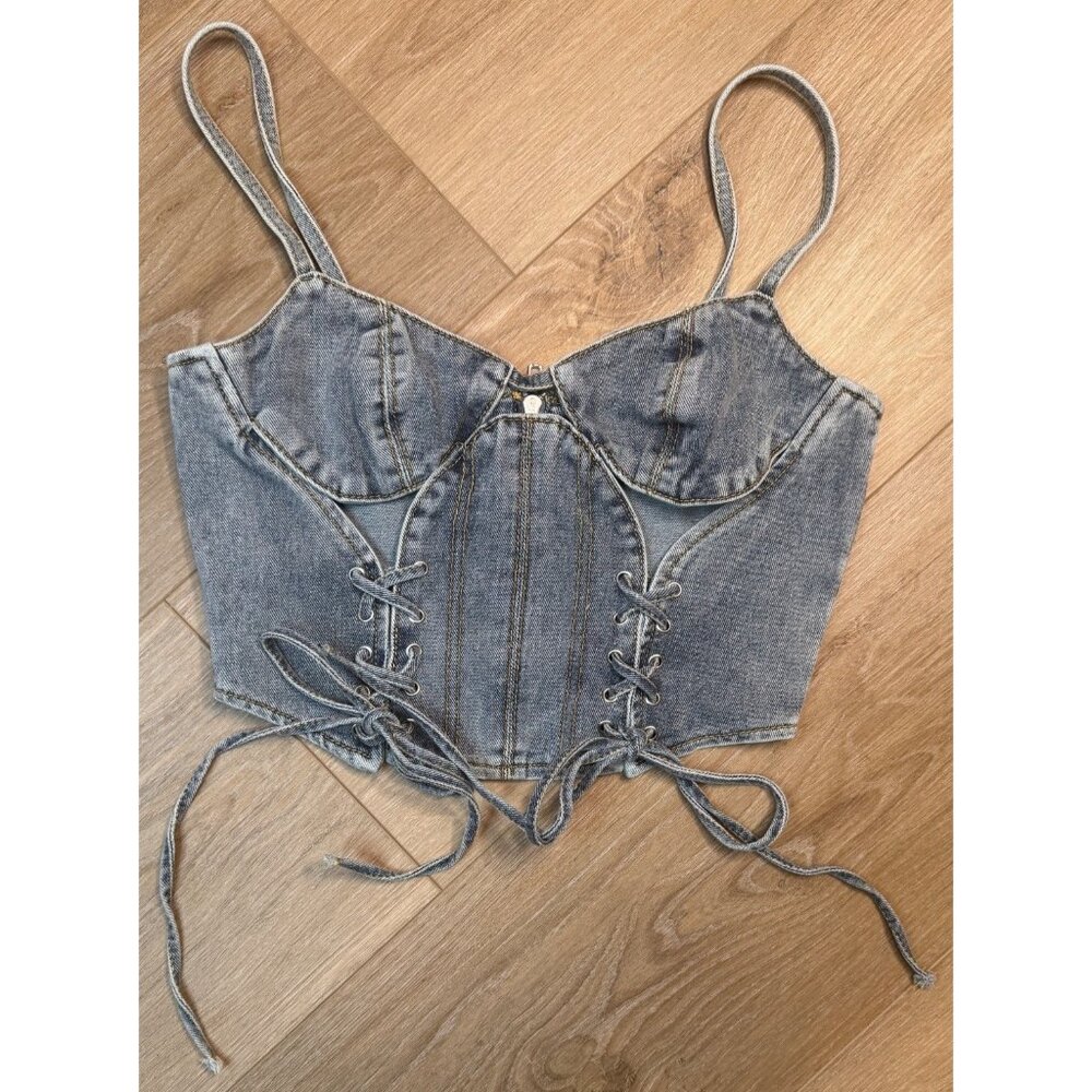 2/$30 NWT PrettyLittleThing Petite 0 Blue Wash Denim Lace-Up Corset Top Zipper